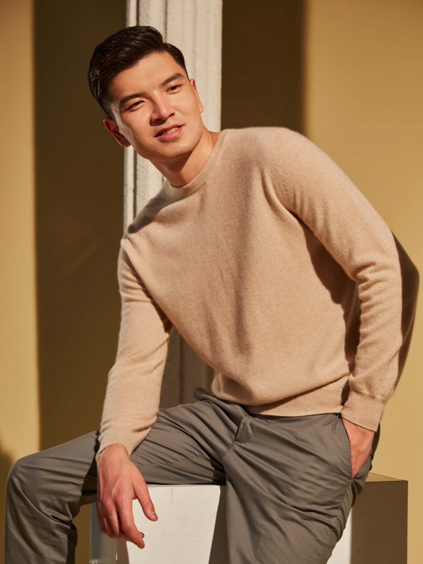 Men's Cashmere Basic Round Neck Sweater Beige - Gobi Cashmere