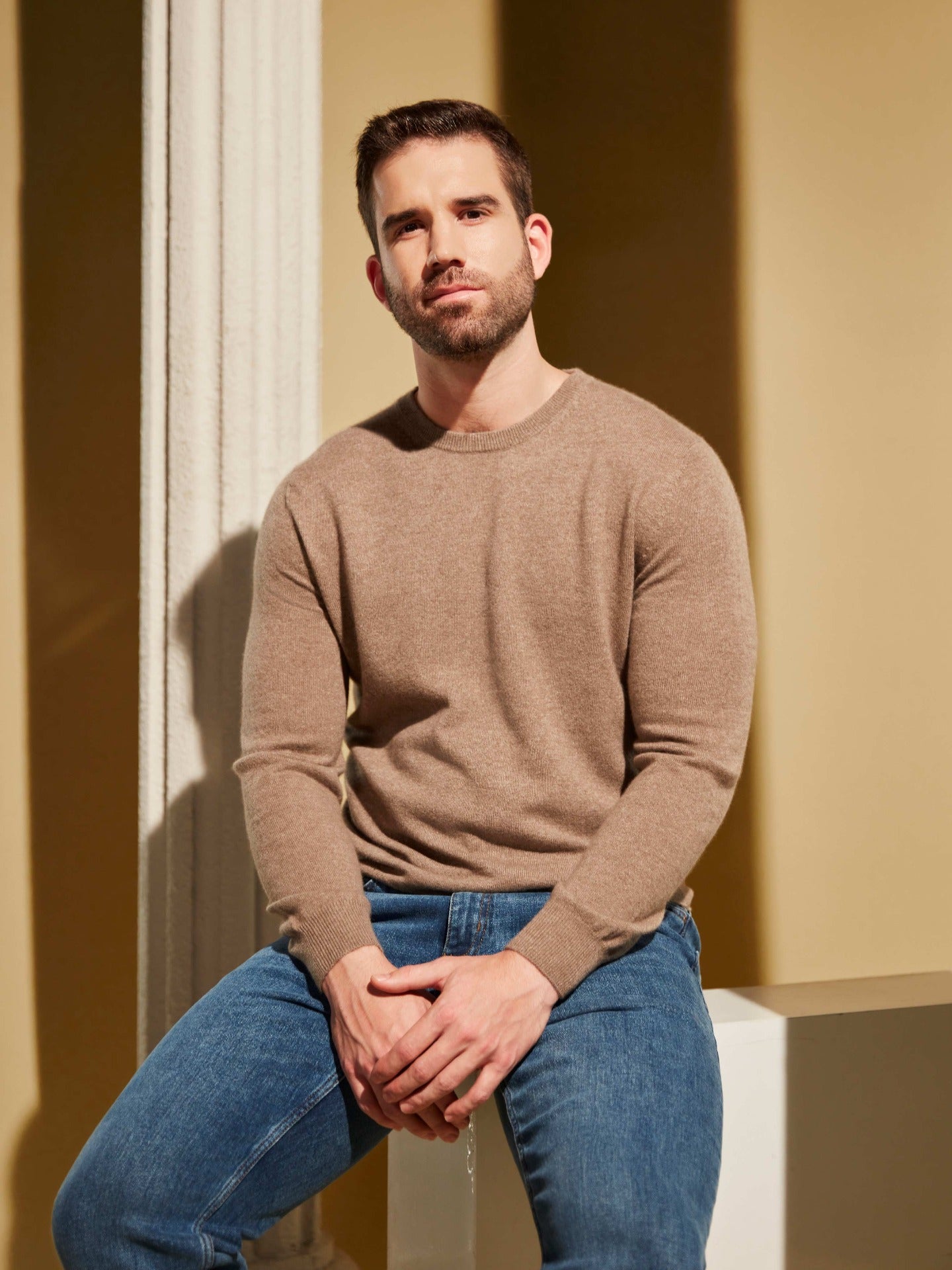 Men's Cashmere Crew Neck Sweater Beige - Gobi Cashmere