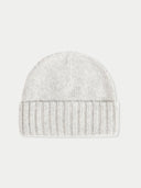 A beige rib knit hat made of cashmere, displayed against a white background.