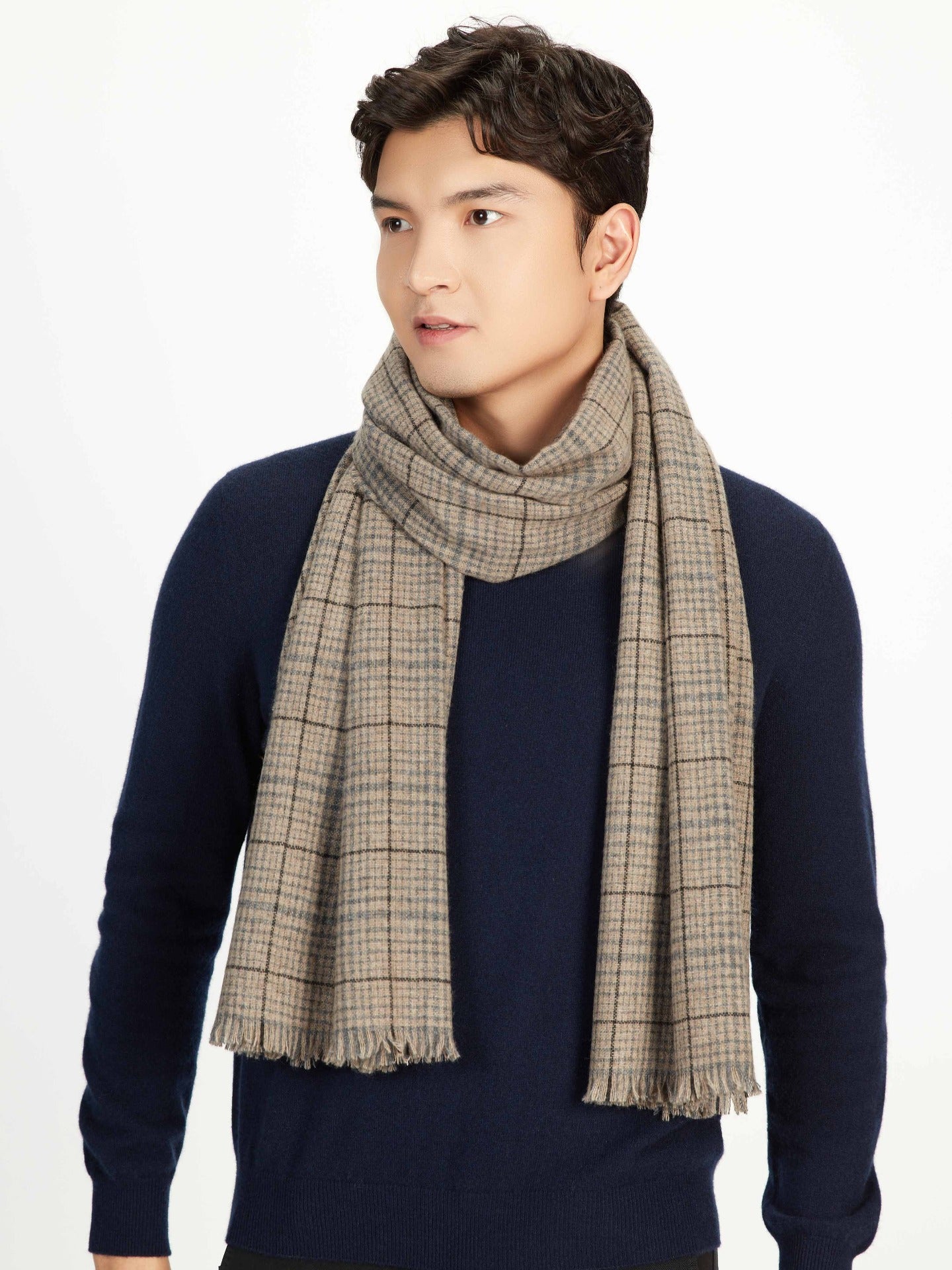 Men's Cashmere Micro Check Scarf Taupe - Gobi Cashmere