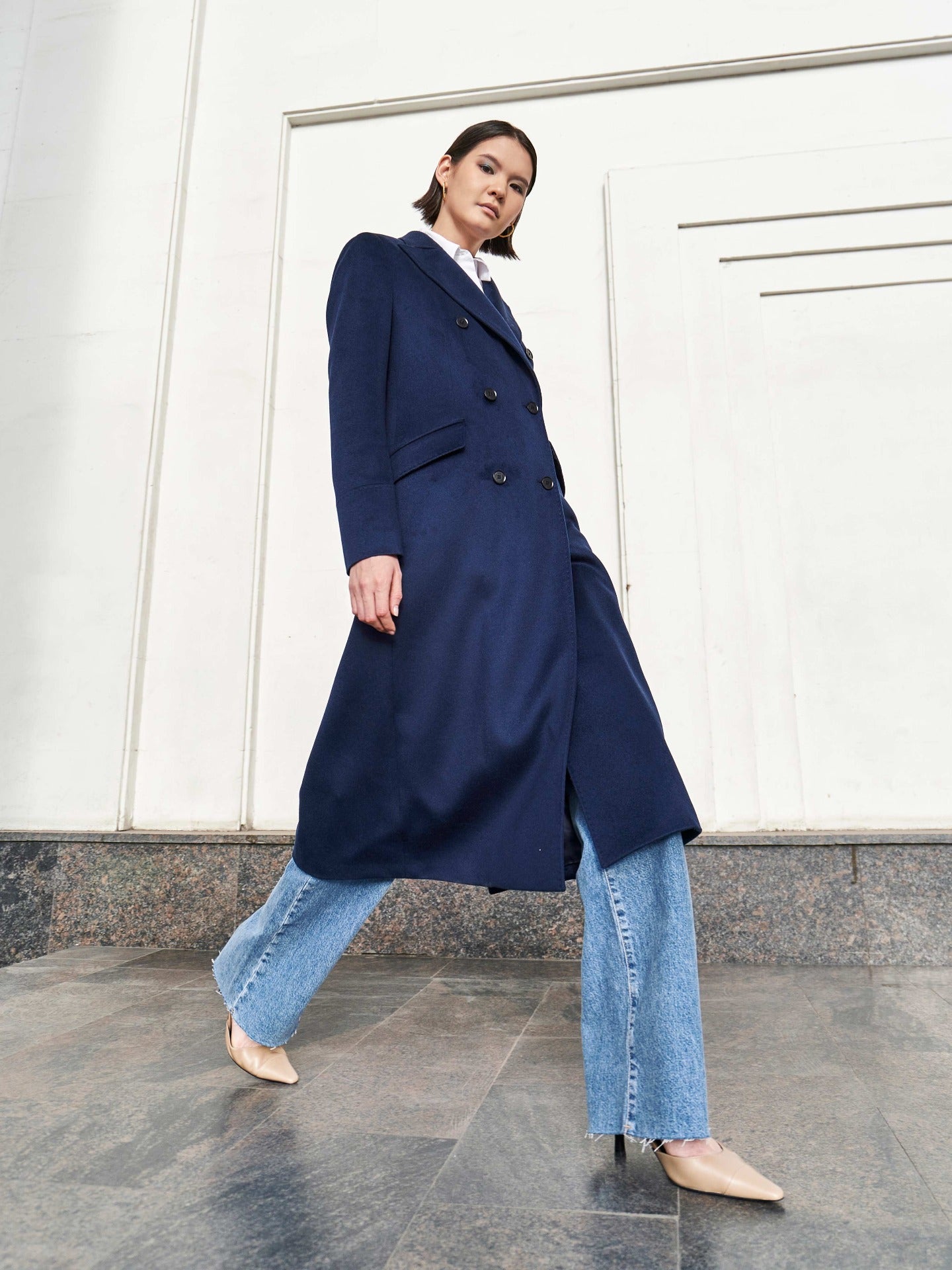 Women's Cashmere Peak Lapel Long Coat Navy - Gobi Cashmere 