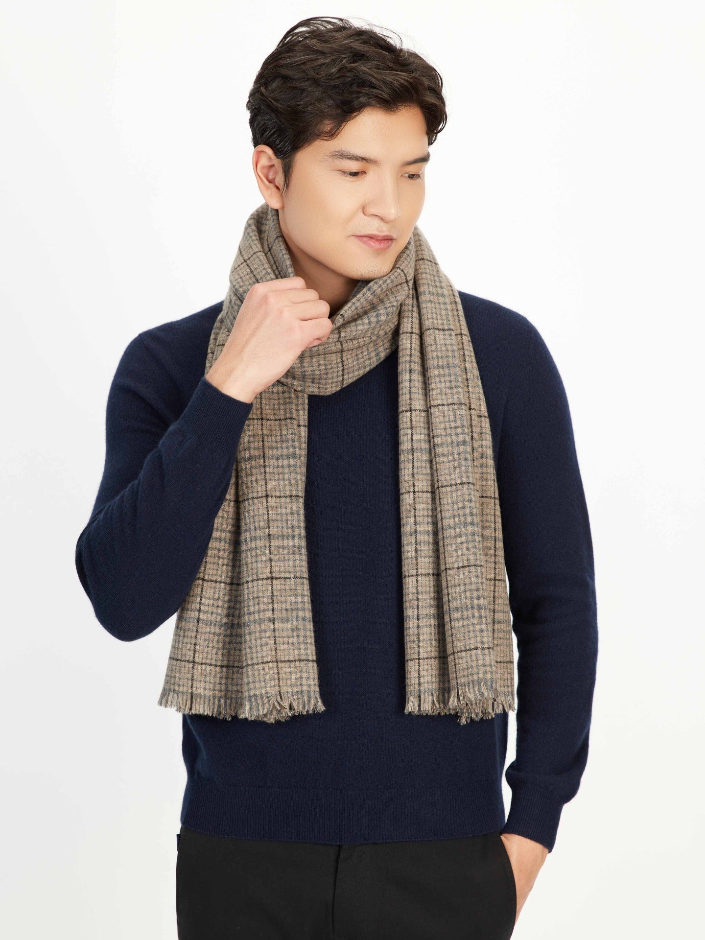 Men's Cashmere Micro Check Scarf Taupe - Gobi Cashmere