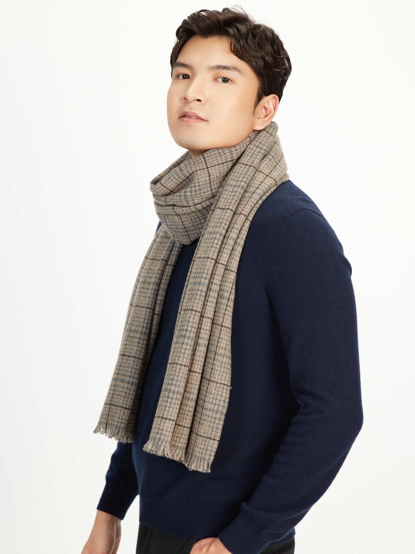 Men's Cashmere Micro Check Scarf Taupe - Gobi Cashmere