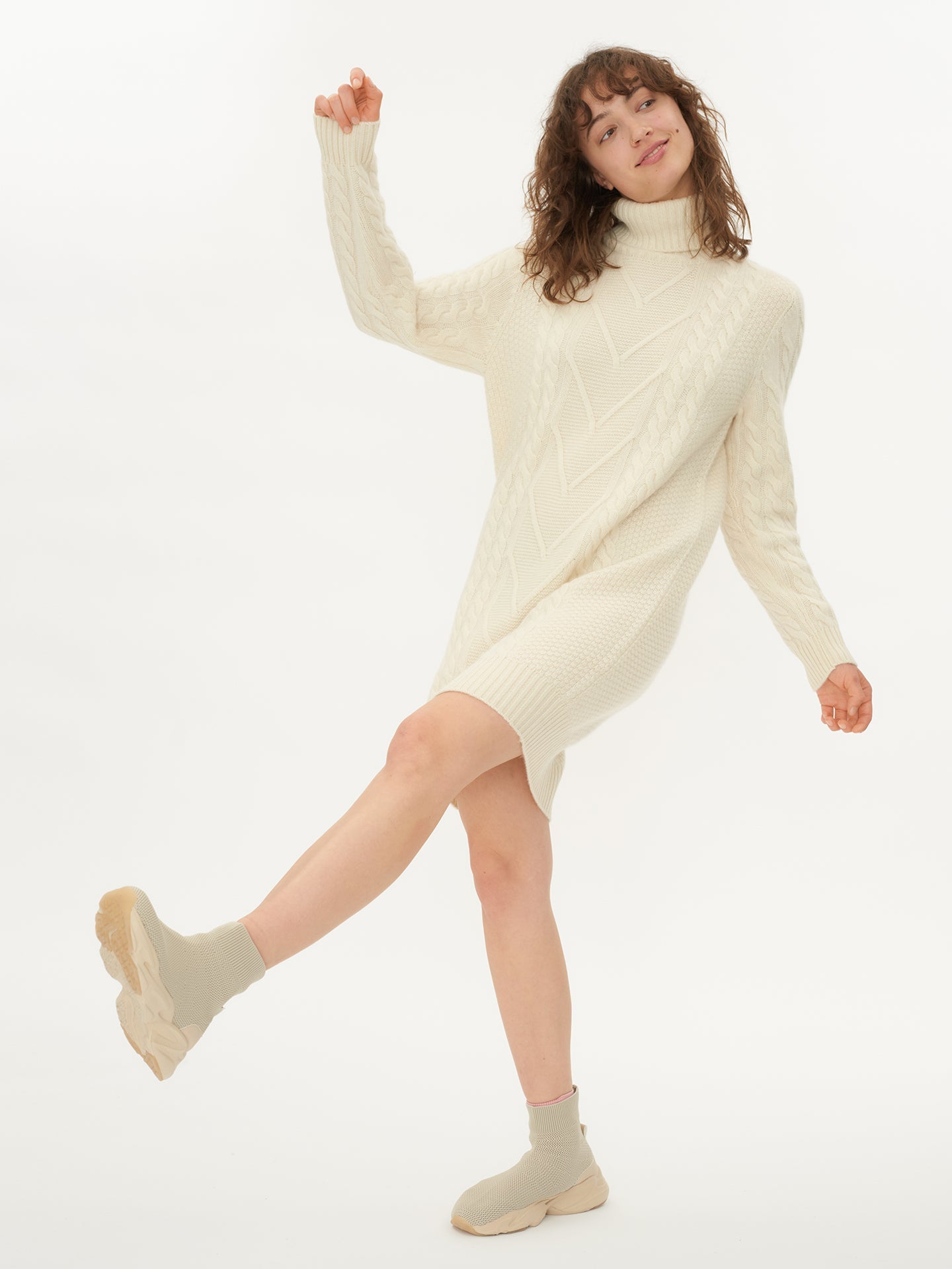 Women's Cashmere Chunky T-Neck Dress Off White - Gobi Cashmere