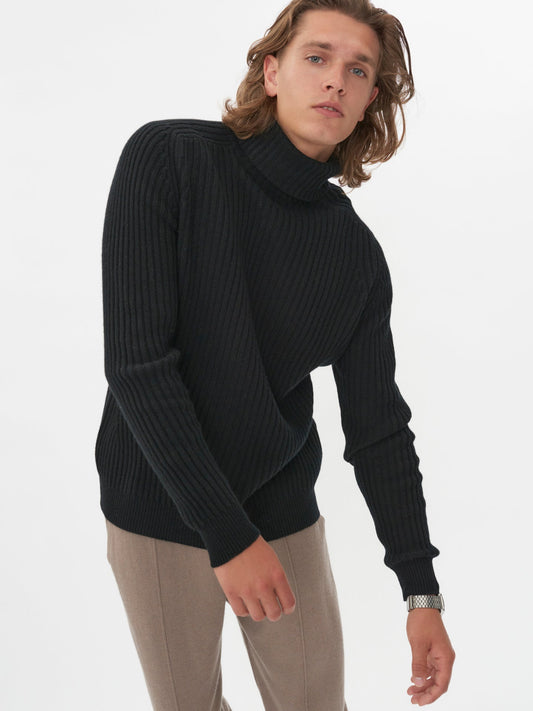 Men's Rib Knit Turtle Neck Black - Gobi Cashmere