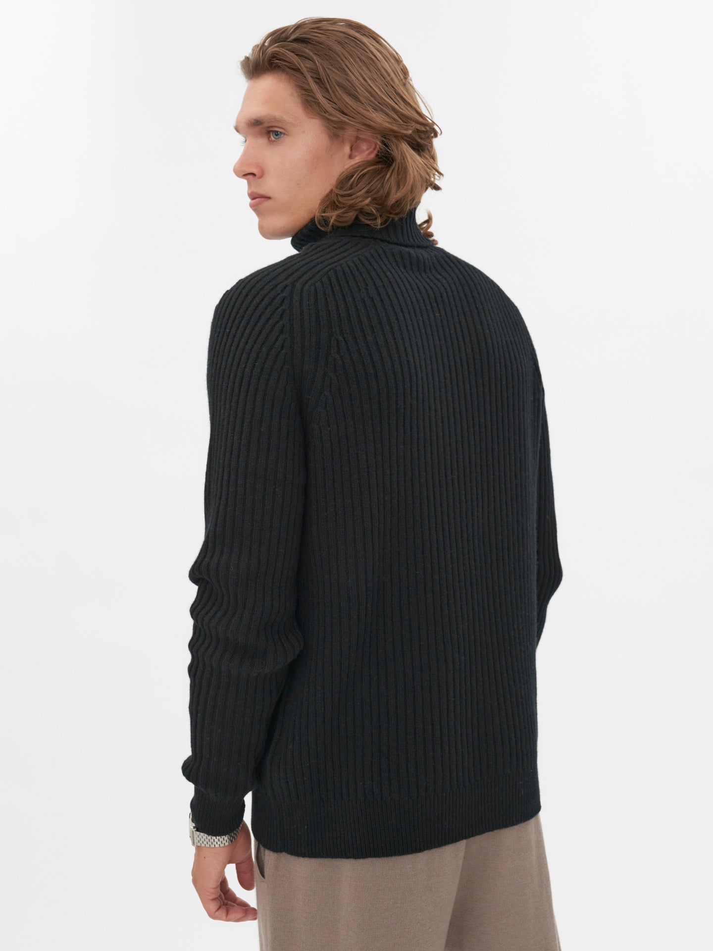 Men's Rib Knit Turtle Neck Black - Gobi Cashmere