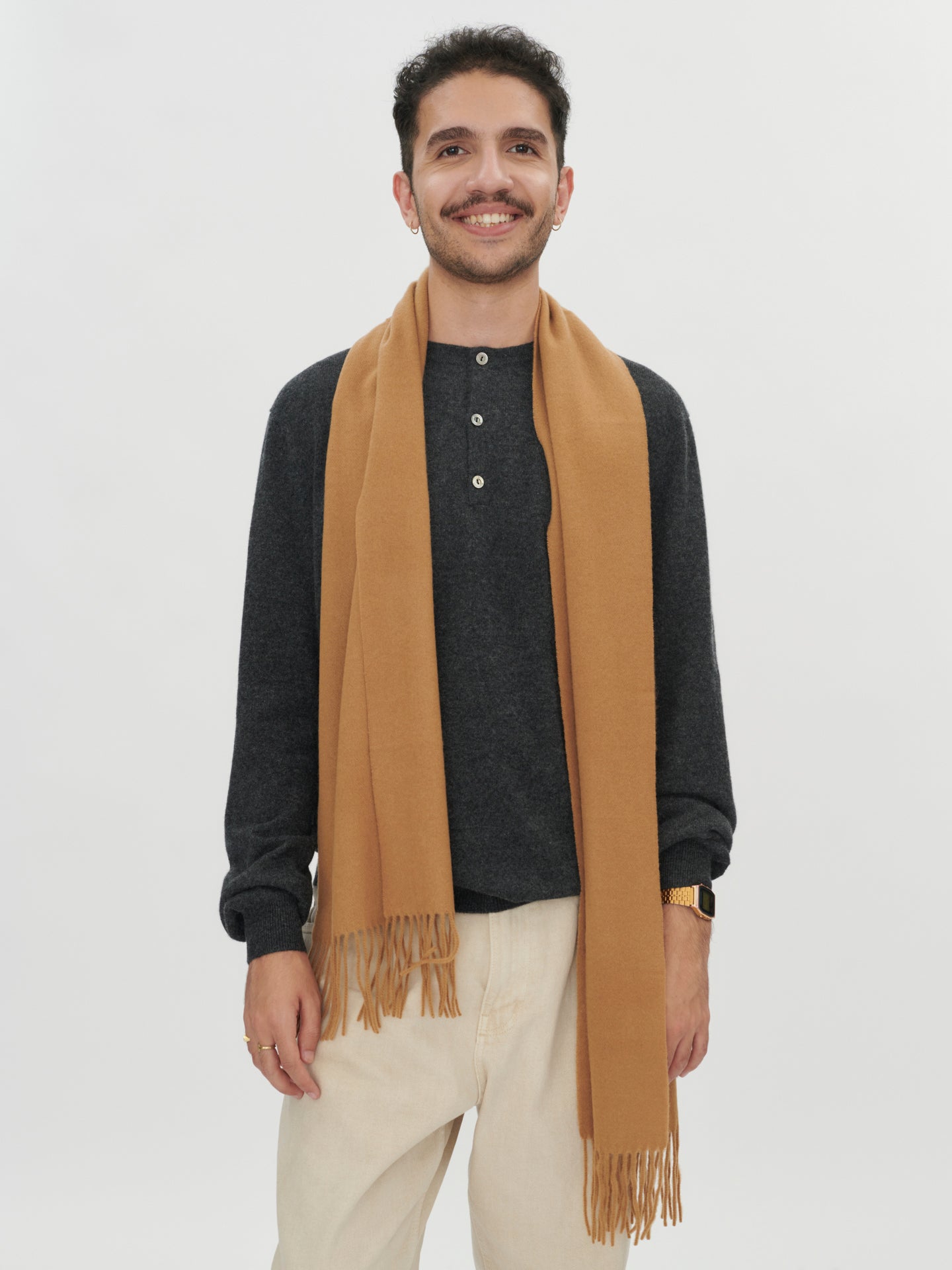 Unisex Cashmere Fringed Scarf Almond - Gobi Cashmere