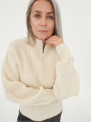 Women's Cashmere Zip Detailed Rib Polo Off White - Gobi Cashmere #color_off-white