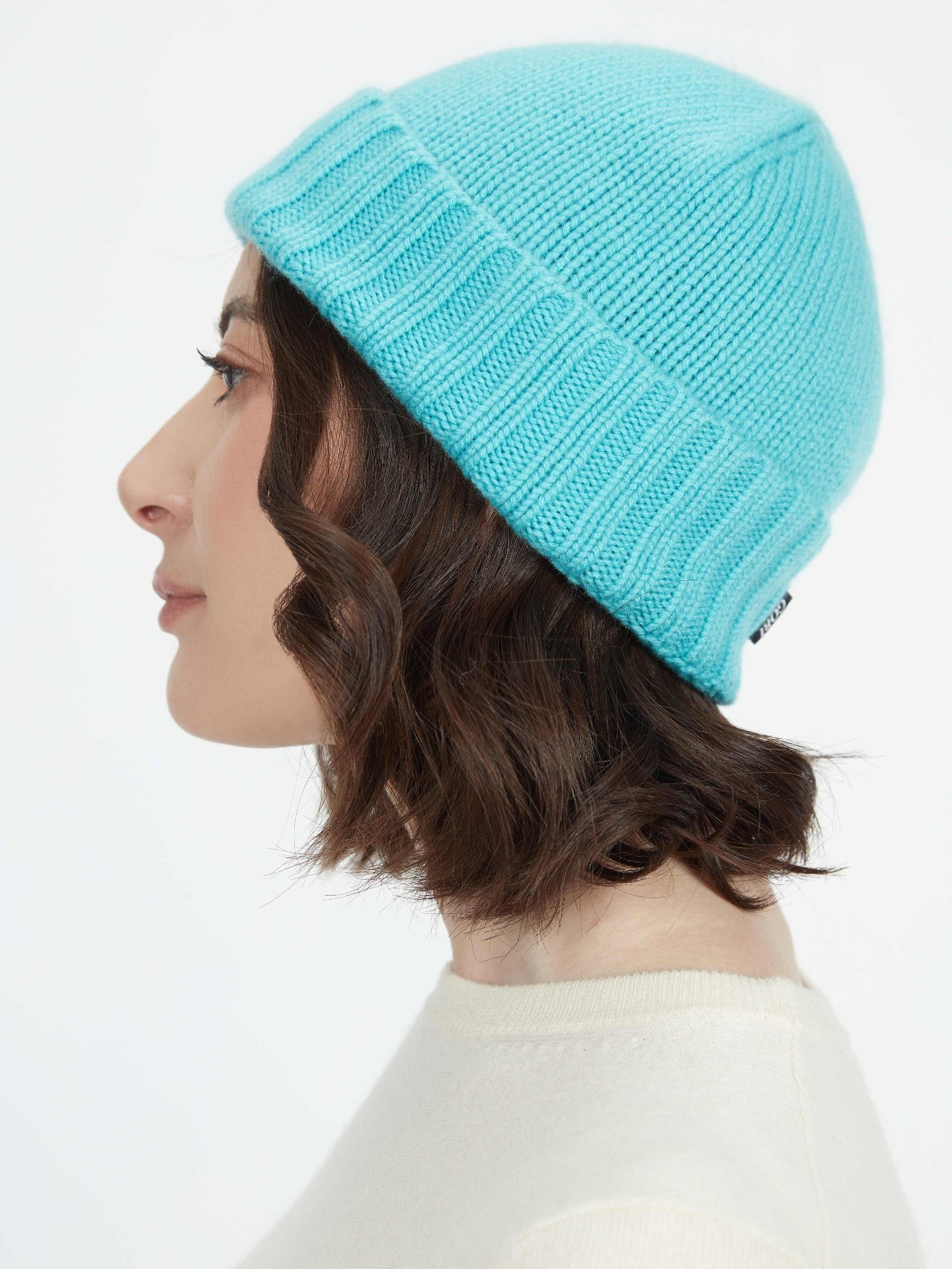 Women's Cashmere Rib Knit Hat Blue Curacao - Gobi Cashmere