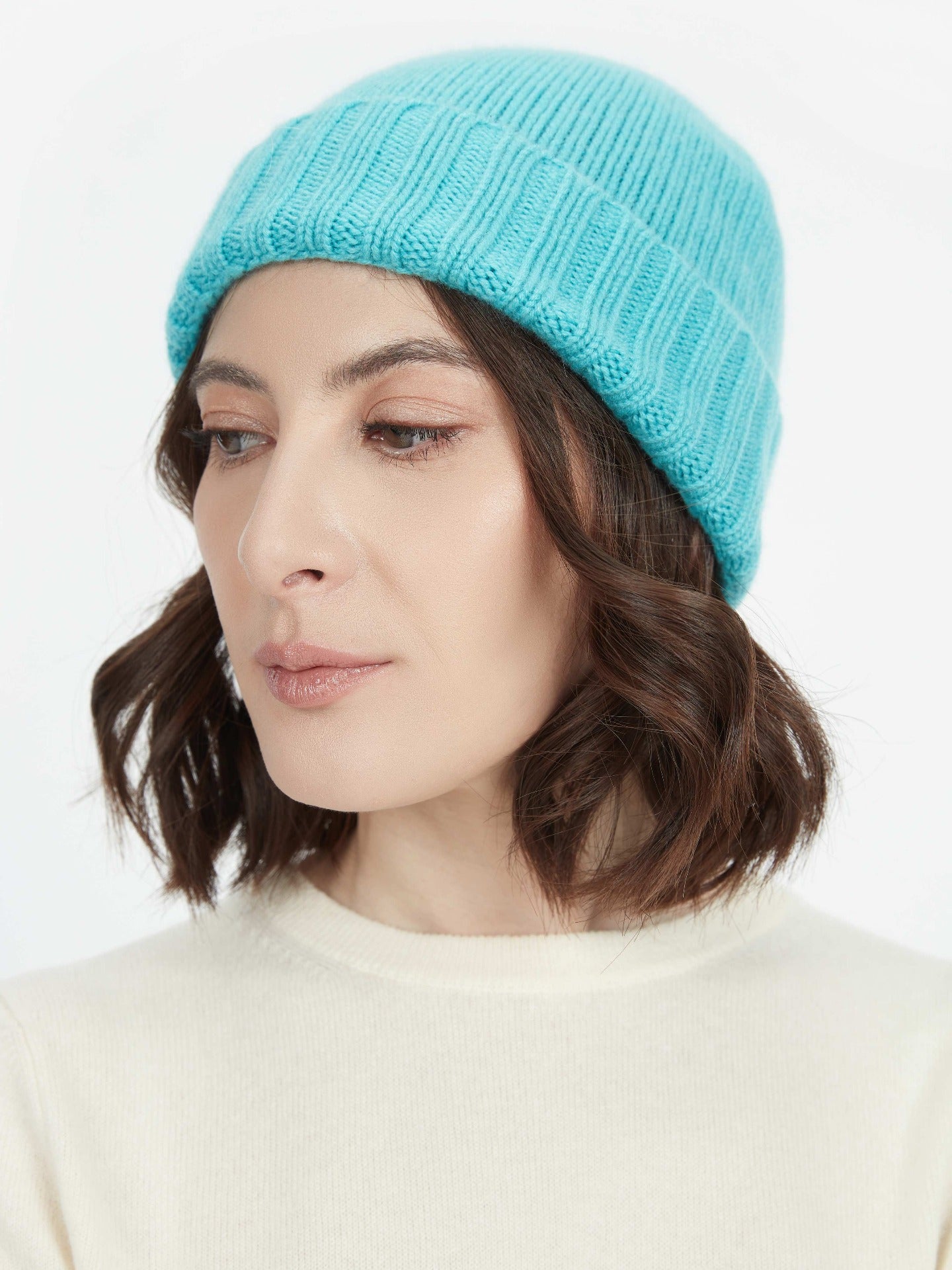 Women's Cashmere Rib Knit Hat Blue Curacao - Gobi Cashmere