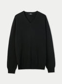 A black Essential Cashmere V-Neck Jumper displayed against a neutral background.