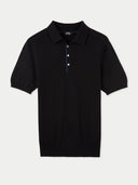 Men's black cashmere polo shirt with a collar and short sleeves. #color_black