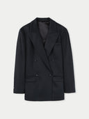 A double-breasted cashmere blazer in black with peak lapels, buttoned cuffs, and front button closures. The interior lining is visible, and the jacket is presented against a plain background. #color_charcoal