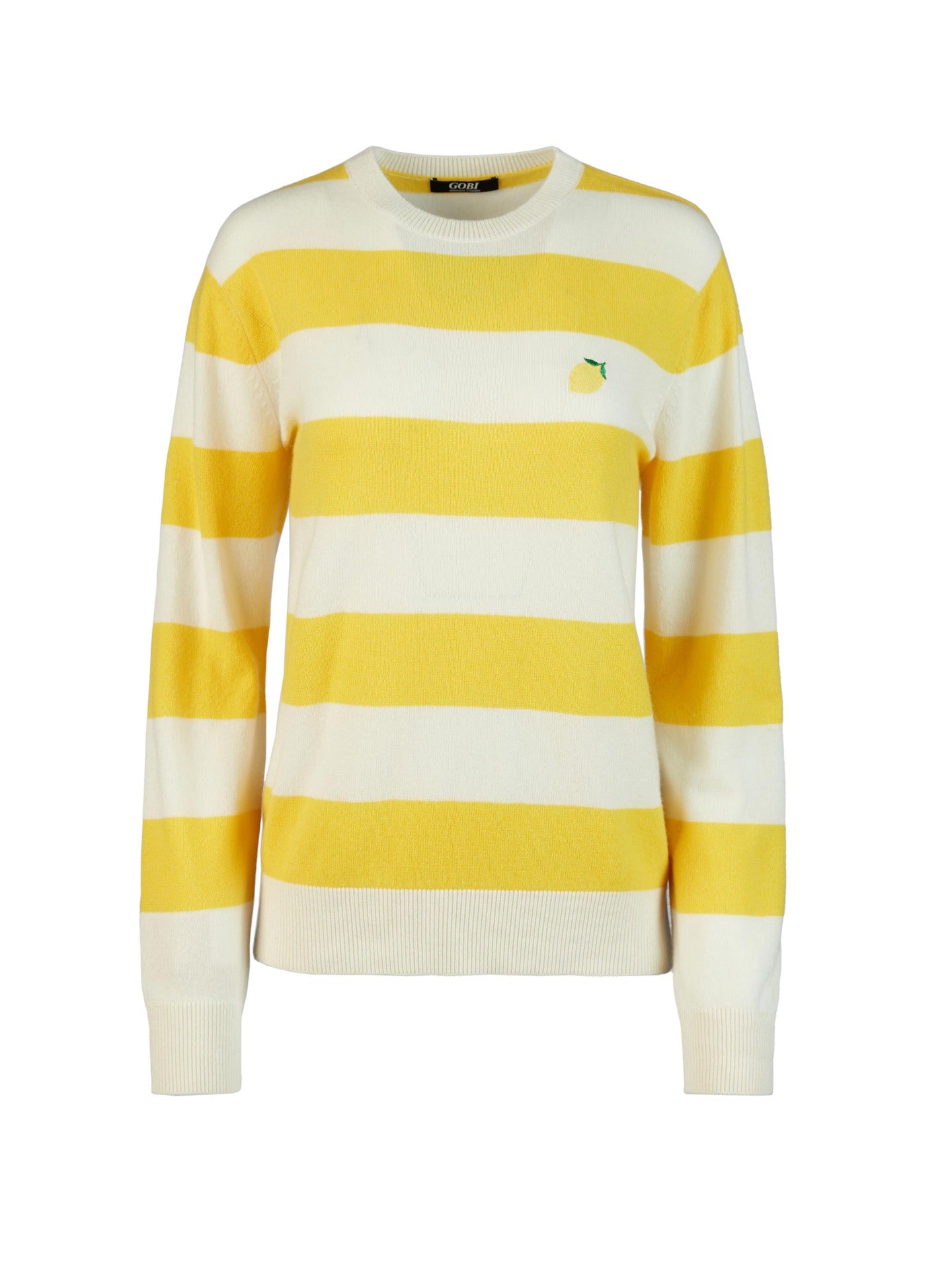 Women's Cashmere Striped C-neck with Embroidery Yellow - Gobi Cashmere